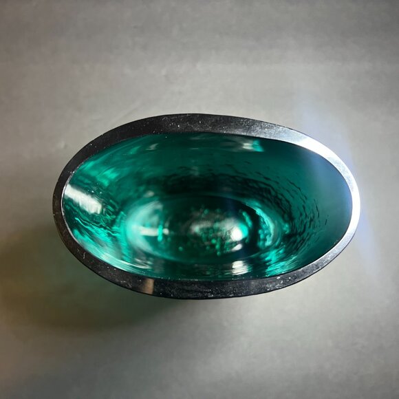 Vintage MCM Rare Skruf Sweden Green Glass Rectangular Oval Crown Label Vase 7" - Picture 7 of 8